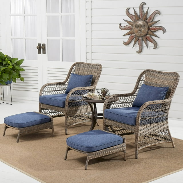 Better Homes & Gardens Auburn 5-Piece Wicker Patio Chat Set with Blue Cushions