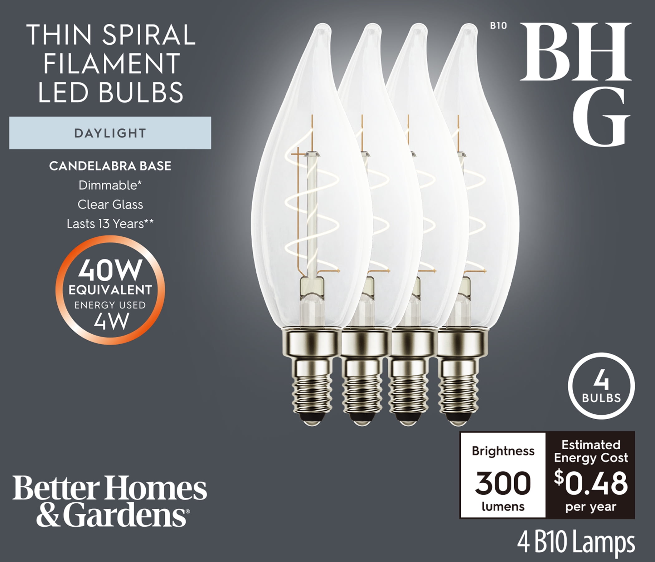 Better Homes & Gardens B10 LED Vintage Light Bulb, 4 Watts (40W Equivalent), Daylight, Thin Filament, E26, 4PK
