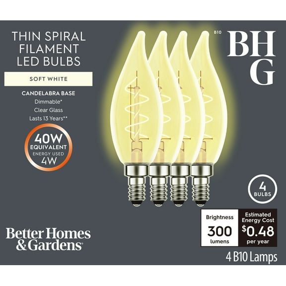 Better Homes & Gardens B10 LED Vintage Light Bulb, 4 Watts (40W Equivalent), Soft White Thin Filament E26 (4 Pack)
