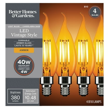 Better Homes & Gardens B10 Vintage Amber LED Light Bulb, 40W Eqv, Dim, E12 - 4 Pk