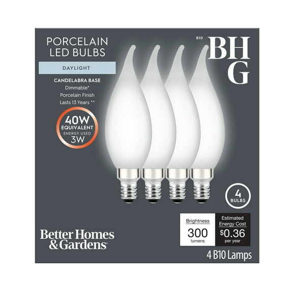 BHG B10 Vintage LED Light Bulb, 40W Daylight Porcelain, Bent Tip, E12, Dim, 4 Pk