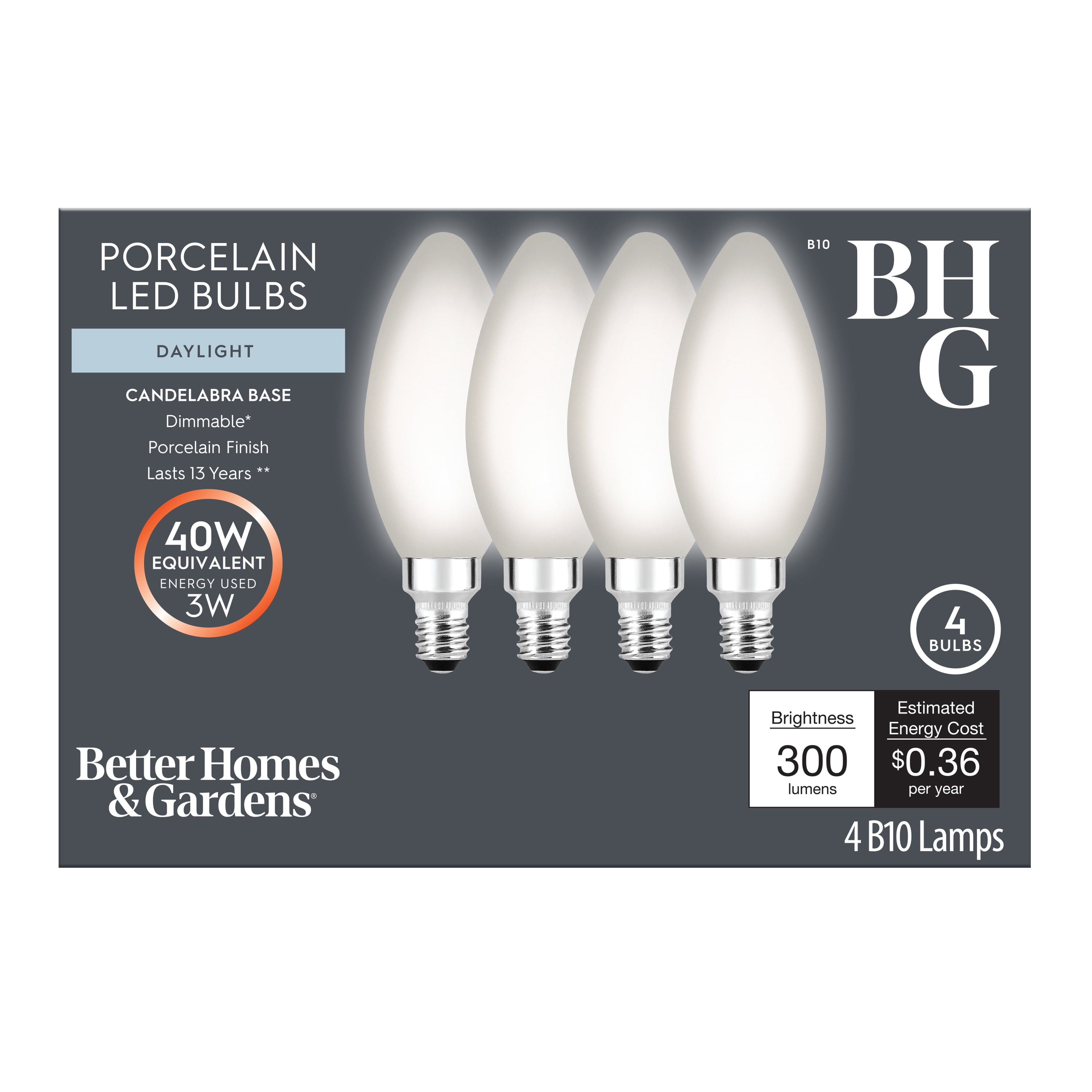 Better Homes & Gardens B10 Vintage LED Light Bulb, 40W Daylight Porcelain, Blunt Tip, E12, Dim, 4 Pk