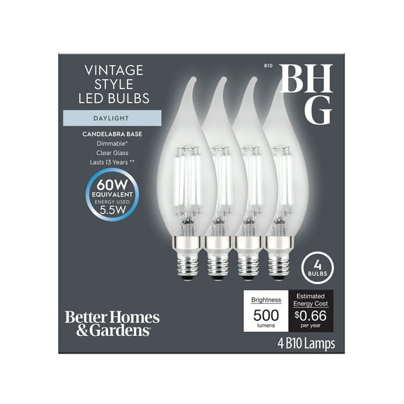 Better Homes & Gardens B10 Vintage LED Light Bulb, 5.5 Watts (60W Equivalent), Daylight, E12, Dimmable, 4 Pack