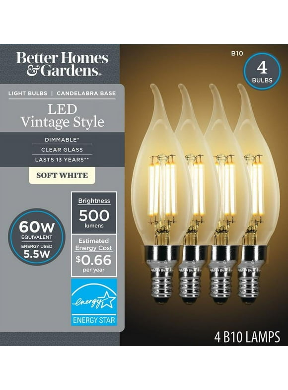 Better Homes & Gardens B10 Vintage LED Light Bulb, 60 Watts, Soft White, E12, Dimmable, 4 Pack