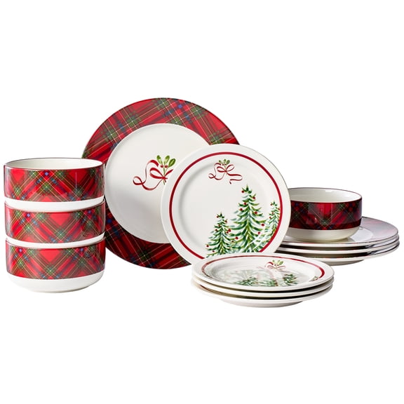 Better Homes & Gardens Banks Dinnerware Set, Holiday Plaid, 12-Piece