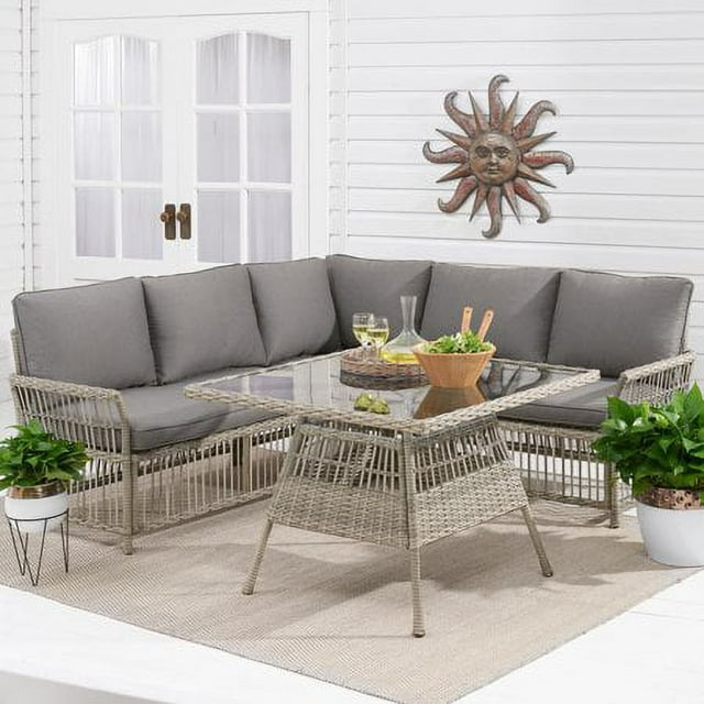 Better Homes & Gardens Belfair 4-Piece Outdoor Wicker Sectional Dining Set with Gray Cushions