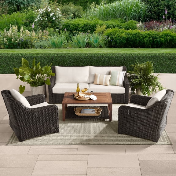 Better Homes & Gardens Bellamy 4 Piece Outdoor Patio Conversation Set, Dark Brown
