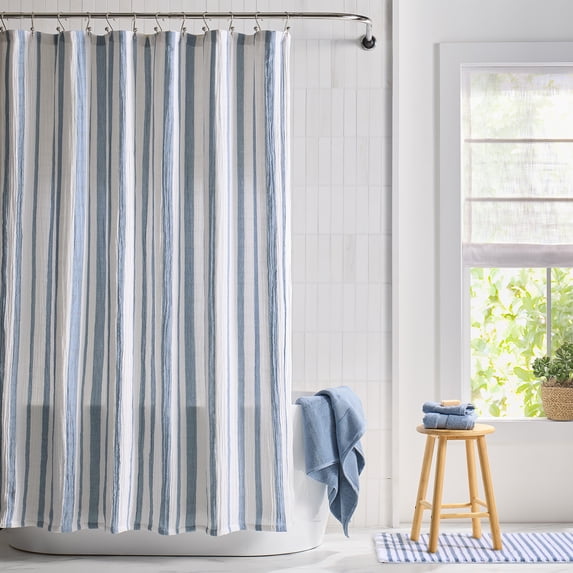 Better Homes & Gardens Blue Silver Gauze Stripe Shower Curtain, 100% Cotton, 72 in x 72 in