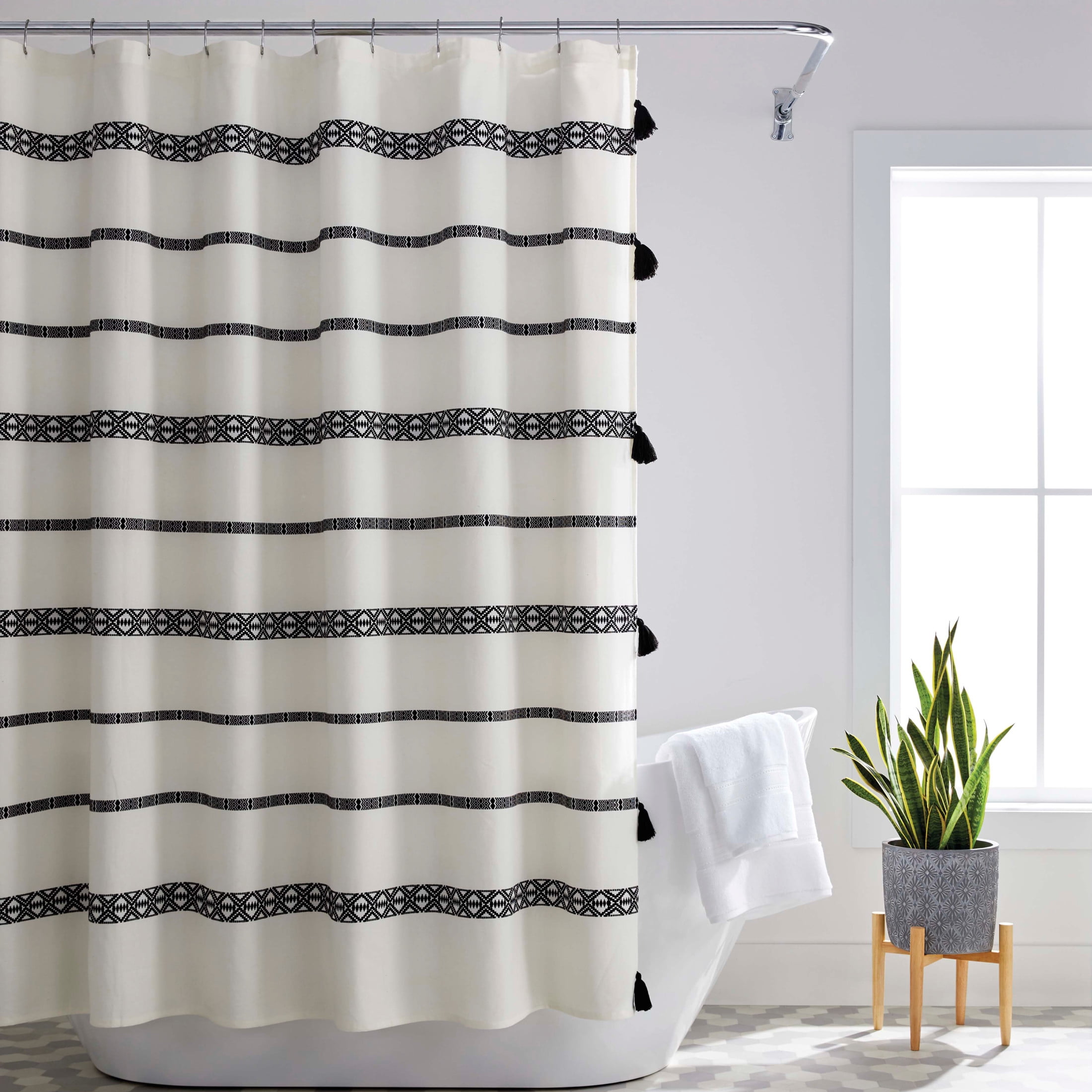 Off-White and Black Cotton Boho Chic Shower Curtain with Tassels, 72 x 72 Inches