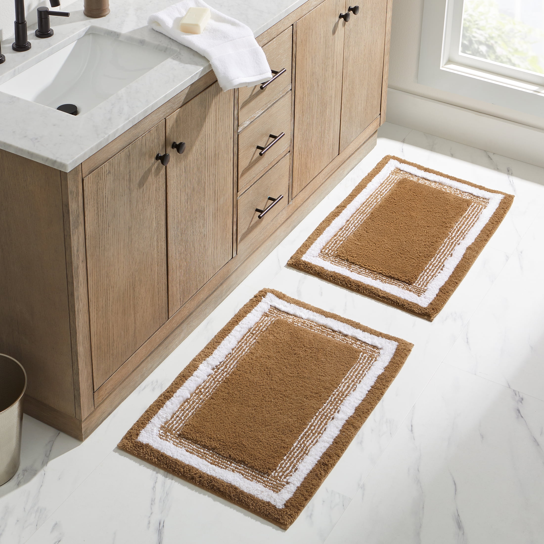 Better Homes & Gardens Bordered Striped 2-Pack Bath Rug Bundle, Dark Caramel, 20” x 30”