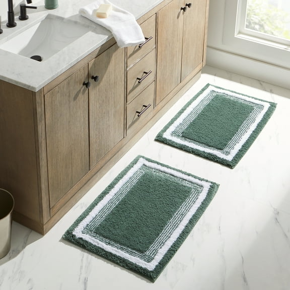Better Homes & Gardens Bordered Striped 2-Pack Bath Rug Bundle, Green Ash, 20” x 30”