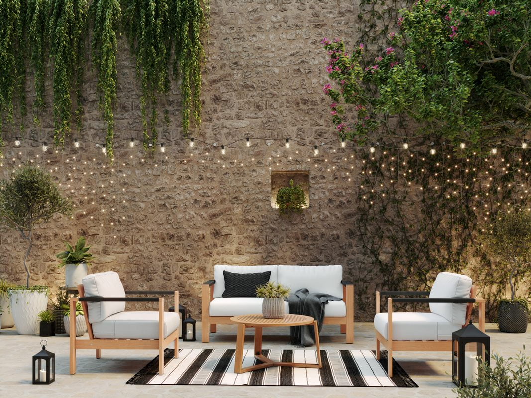 Better Homes & Gardens Braxton 4-Piece Wood Outdoor Conversation Set with Off-White Cushions