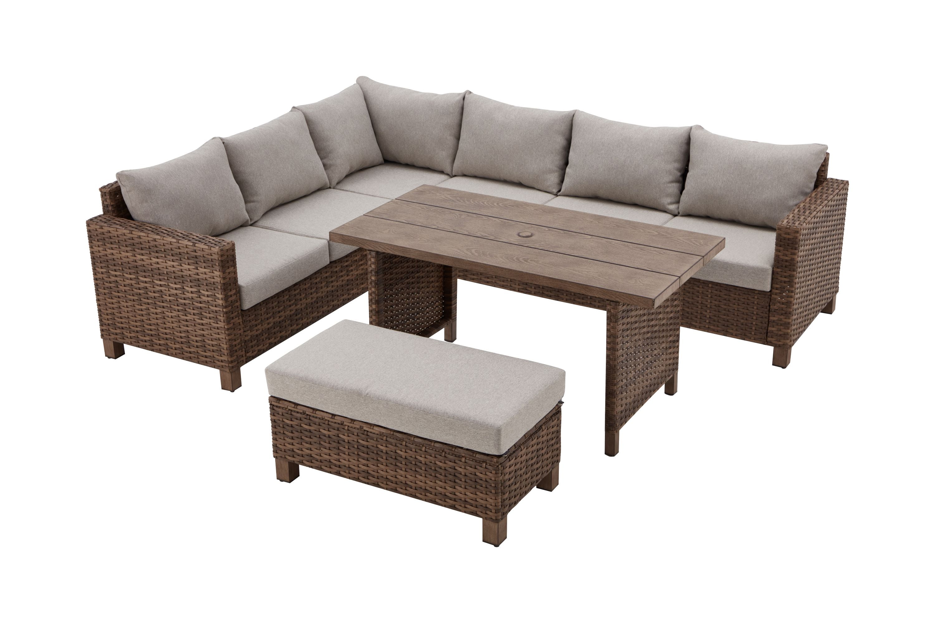 Better Homes & Gardens Brookbury 4pc Wicker Patio Sectional Dining Set, Brown Wicker, Beige Cushion