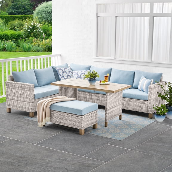 Open Box Better Homes & Gardens Brookbury 4-Piece Outdoor Wicker Patio Sectional Dining Set, White Wicker/Chambray Blue Cushions