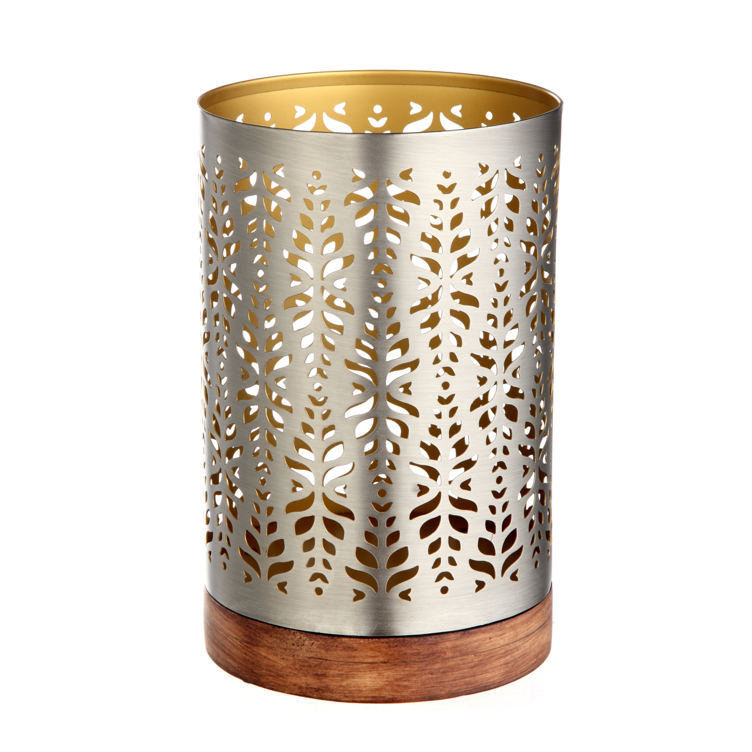 Better Homes & Gardens Brushed Metal & Brown Wood Medium Hurricane Candle Holder