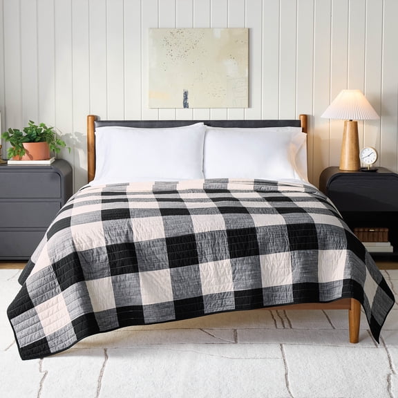 Better Homes & Gardens Buffalo Plaid Cotton Quilt, King, Black & White Bedding
