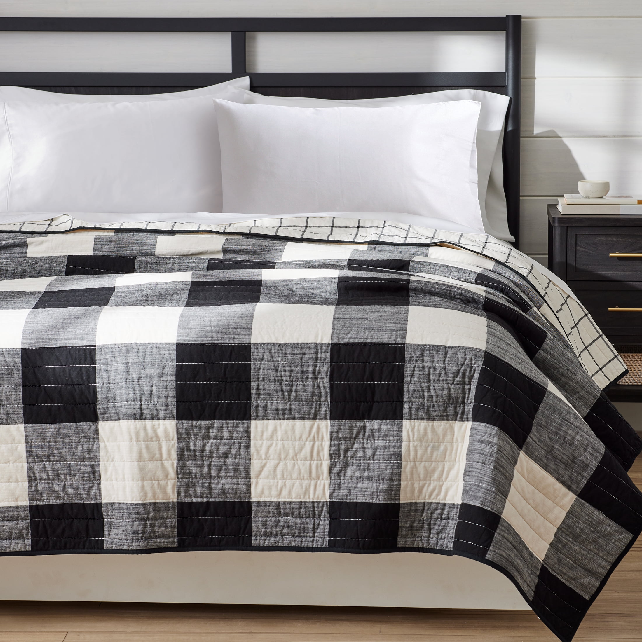 Better Homes & Gardens Buffalo Plaid Cotton Quilt, King, Black & White Bedding