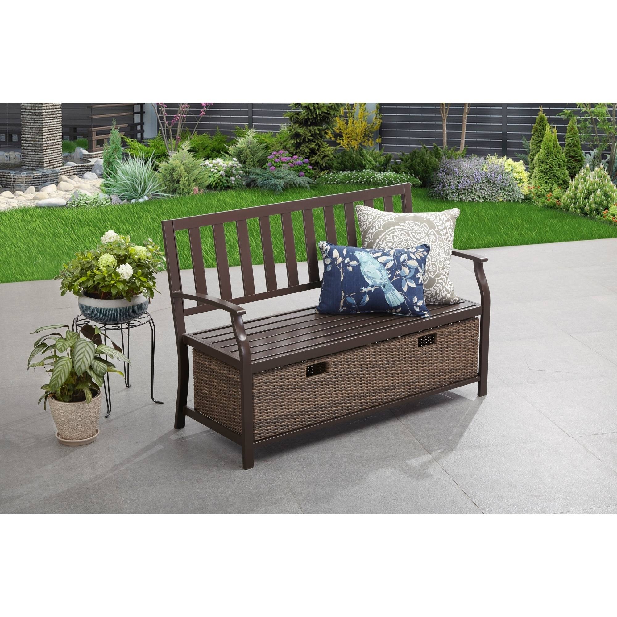 Better Homes & Gardens Camrose Farmhouse Steel Outdoor Bench with Wicker Storage Box, Bronze/Brown - image 1 of 11