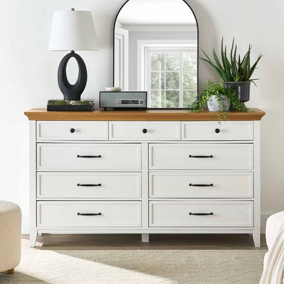Better Homes & Gardens Canton 9 Drawer Dresser, Textured White and Light Honey
