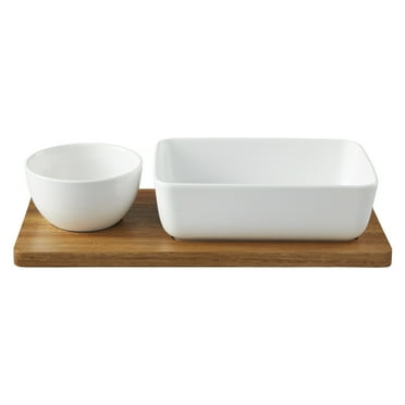 Better Homes & Gardens Ceramic Chip Dip Bowl with Acacia Tray, Natural Wood Color, 13.5x6.5x2.99 in
