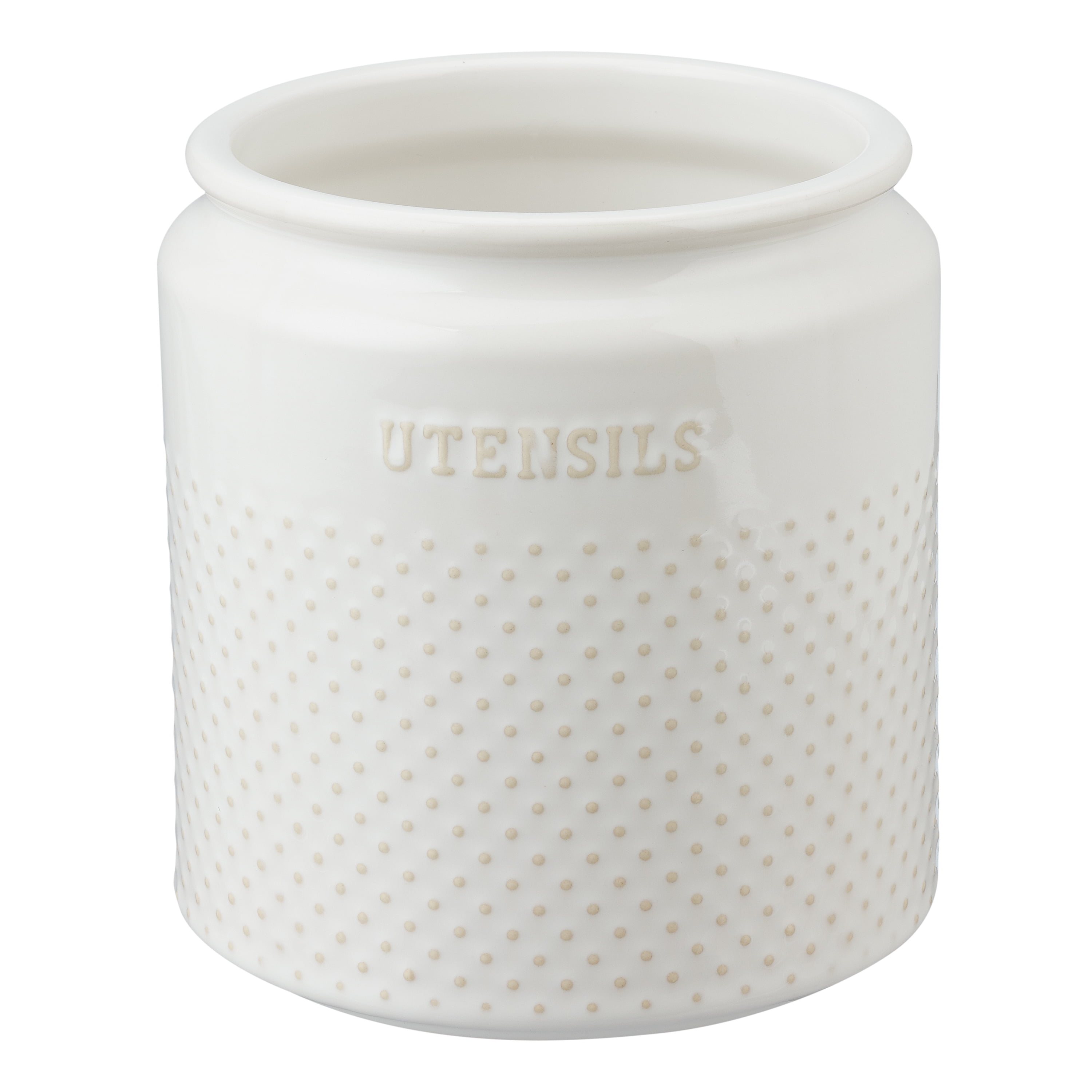 Dotted White Ceramic Kitchen Utensil Holder with Utensils