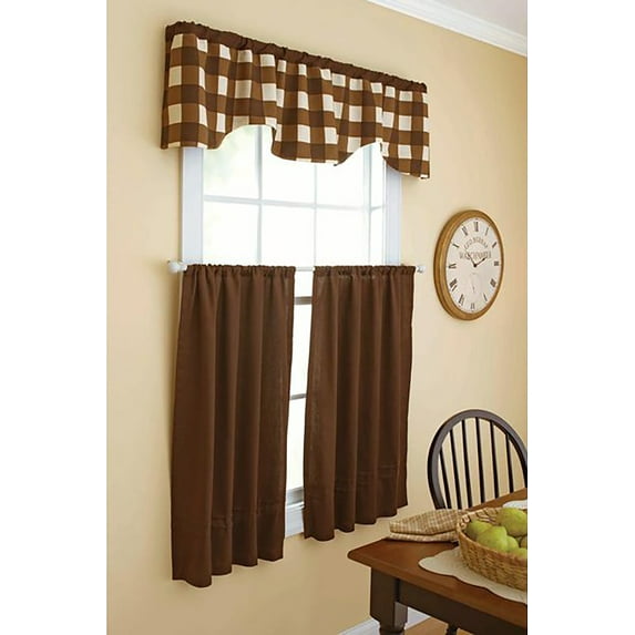 Better Homes & Gardens Checks And Solids Light Filtering Rod Pocket Kitchen Tier and Valance Set, Set of 3, Brown, 30" x 36"
