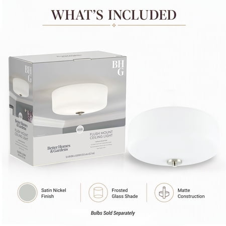 Better Homes & Gardens Flush Mount Ceiling Light, 12.4 in, Satin Nickel, Frosted Glass, No Bulb Included