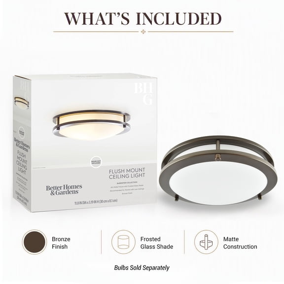Better Homes & Gardens 12 in Bronze Flush Mount Ceiling Light, Model BHS336179061230