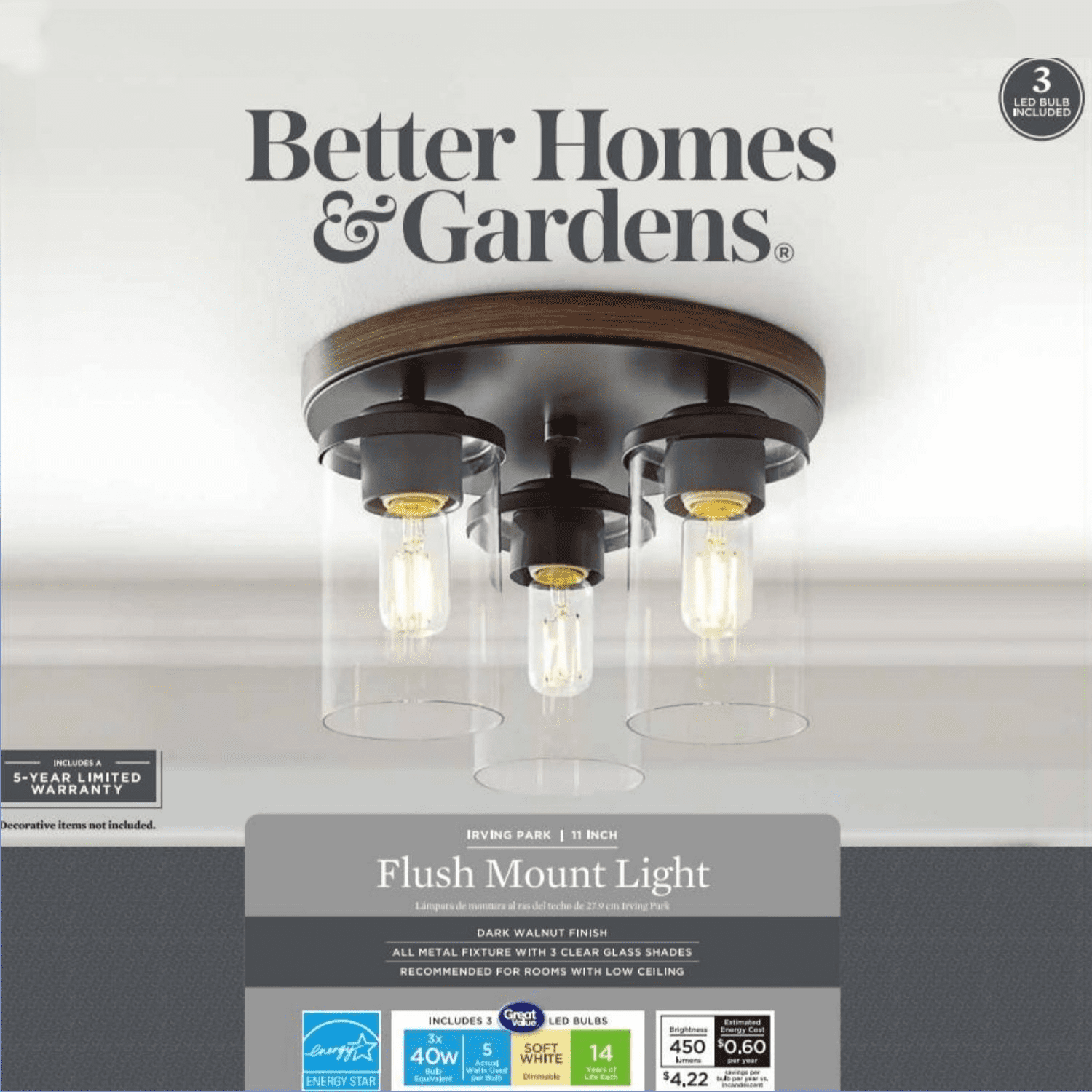 Better Homes & Gardens Classic 3Light Flushmount Ceiling Light, Walnut Finish, T12 LED Bulbs