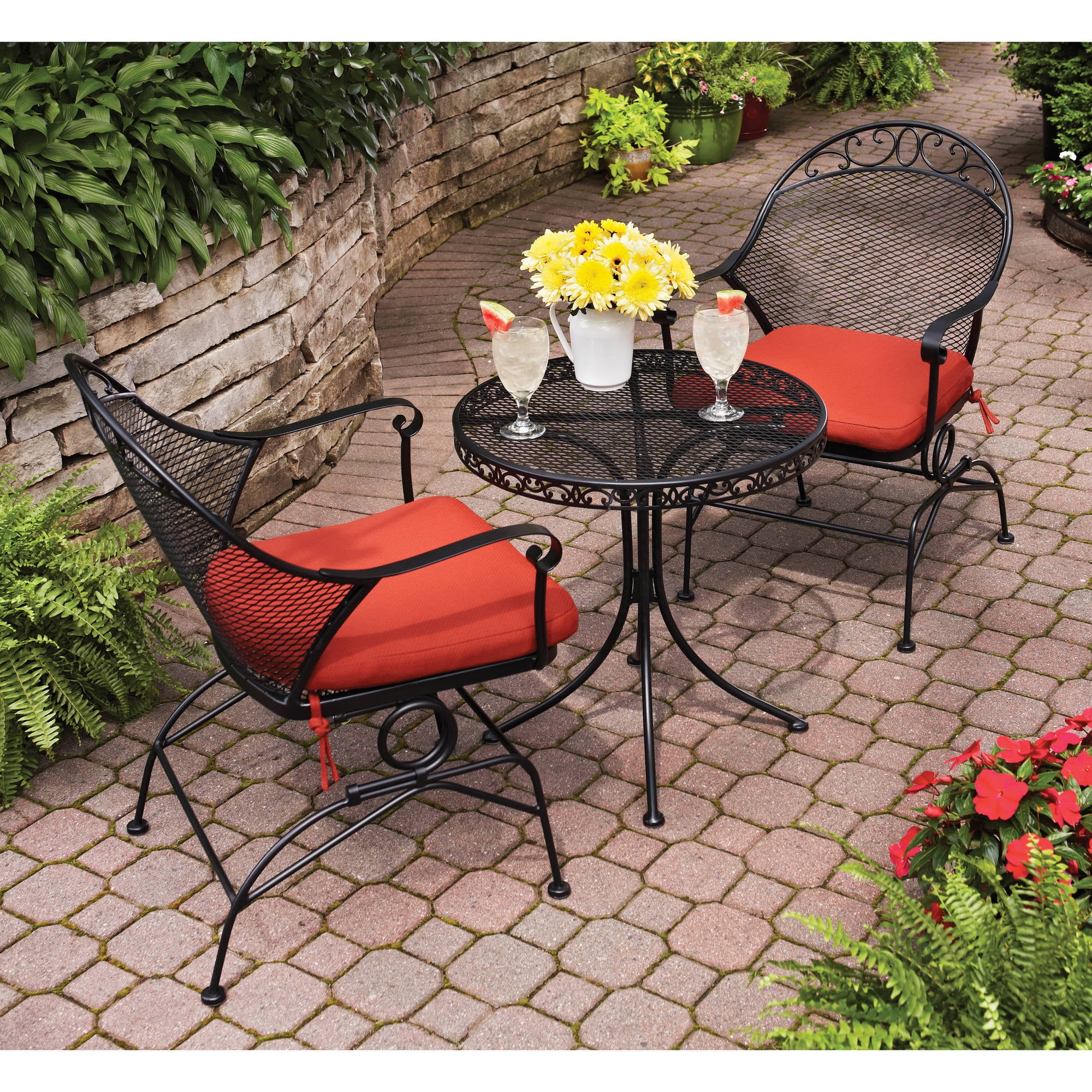 Better Homes Gardens Clayton Court Outdoor Metal 3 Piece Bistro Set Red Cushion Spring Motion Chairs Walmart