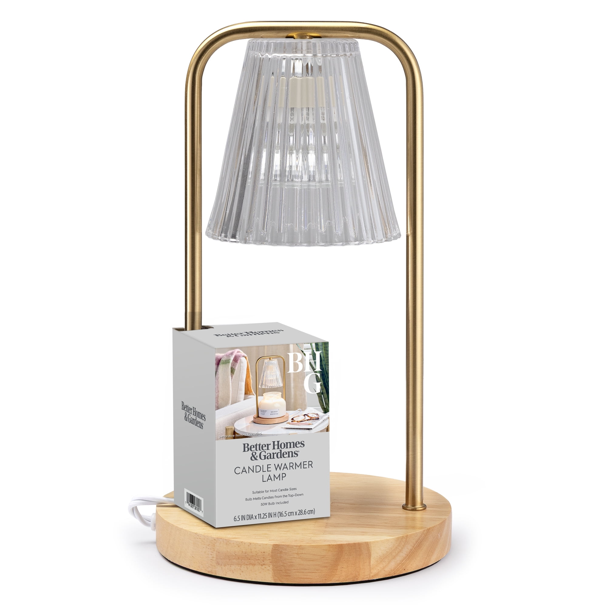 Merkury Innovationss Candle Warmer Lamp with Clear Glass Shade, Gold Pole and Wood Base
