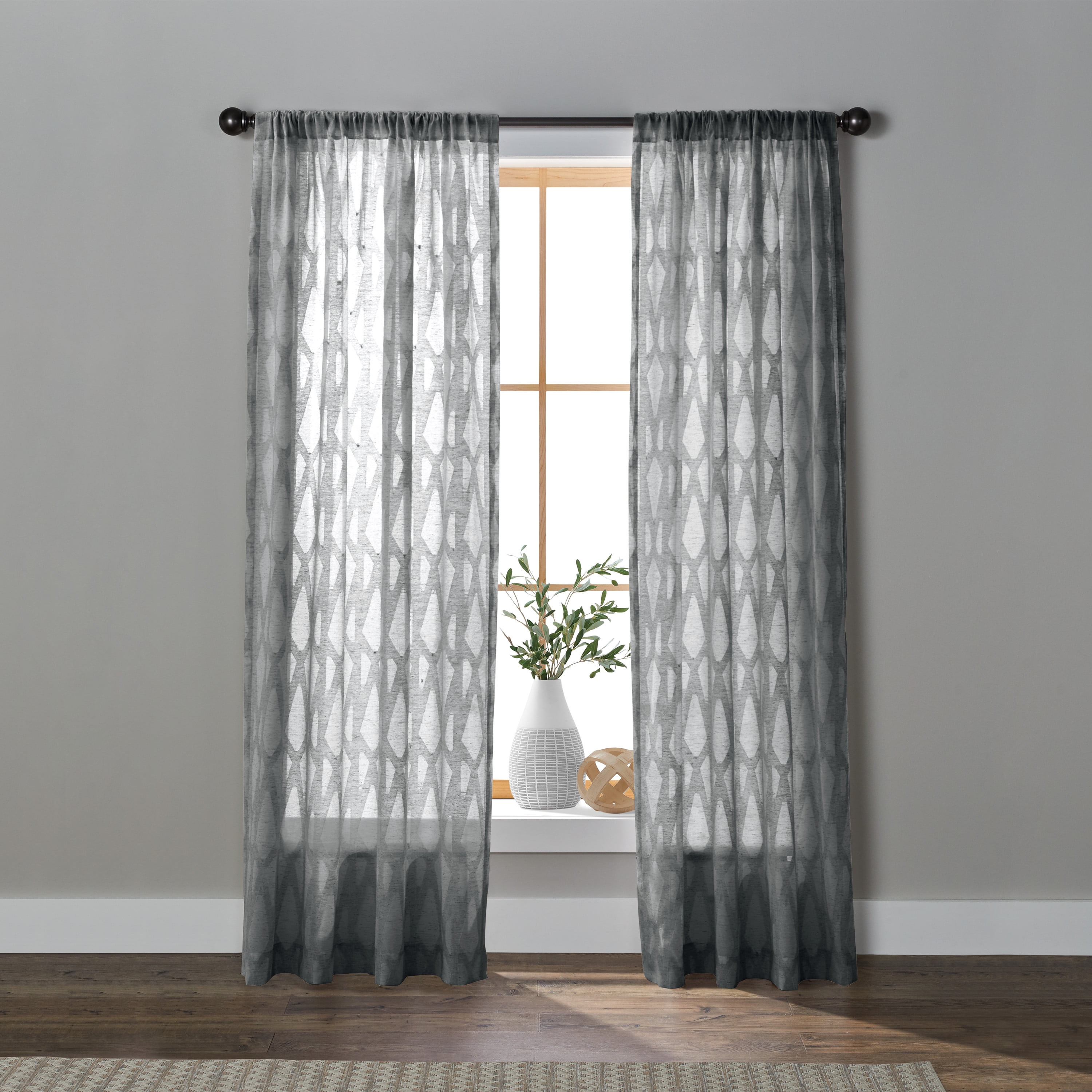 Better Homes & Gardens Clipped Geo Polyester Cotton Sheer Rod Pocket/Back Tab Single Panel Curtain, Silver, 50" W x 95"L