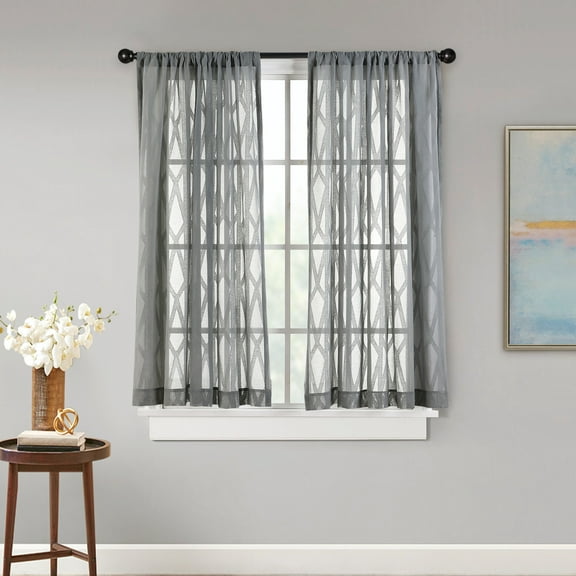 Better Homes & Gardens Clipped Geo Polyester Cotton Sheer Rod Pocket/Back Tab Single Panel Curtain, Silver, 50" W x 63"L
