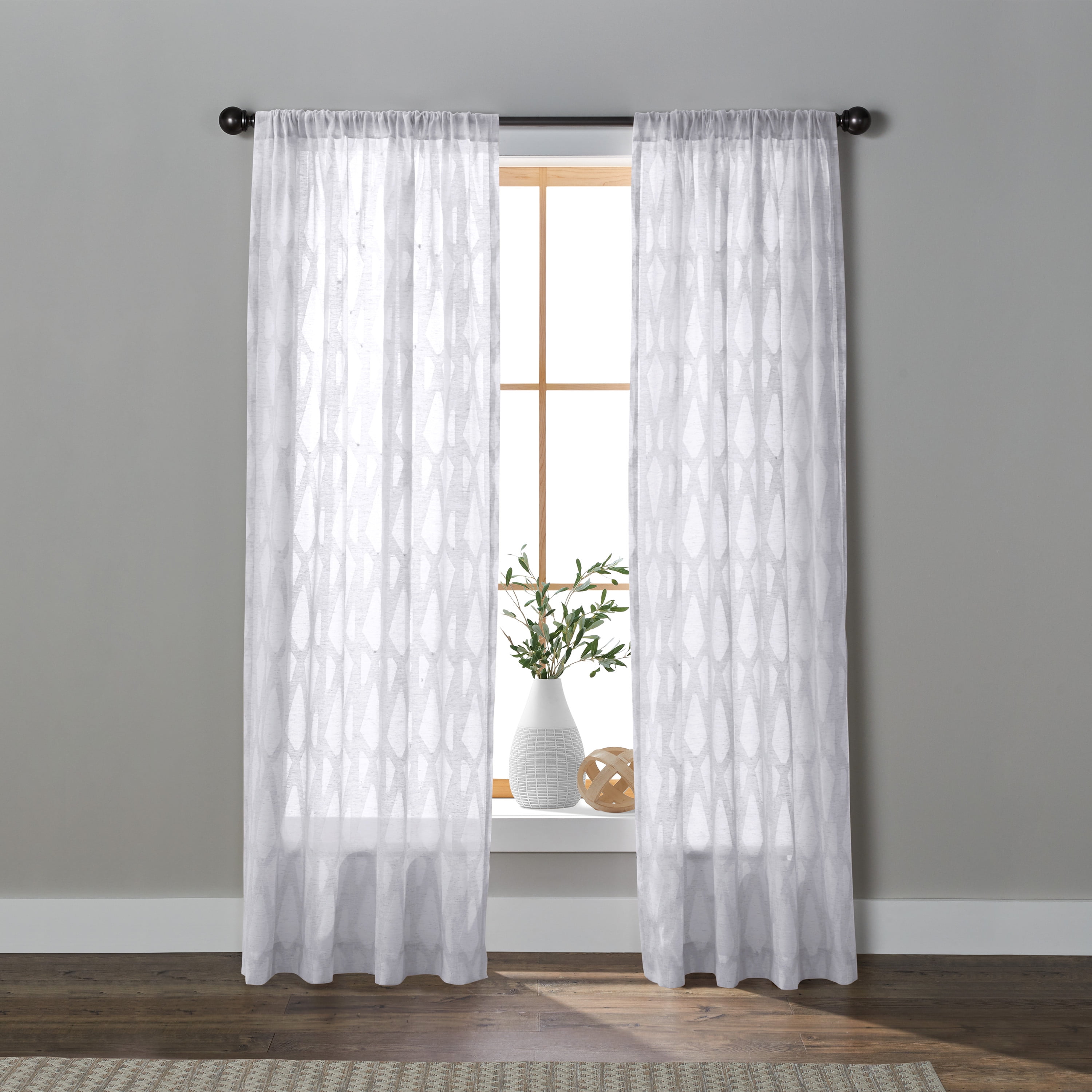 Better Homes & Gardens Clipped Geo Curtain Single Panel, Polyester Cotton Sheer, Indoor Rod Pocket, White, 54"W x 84"L, Adult