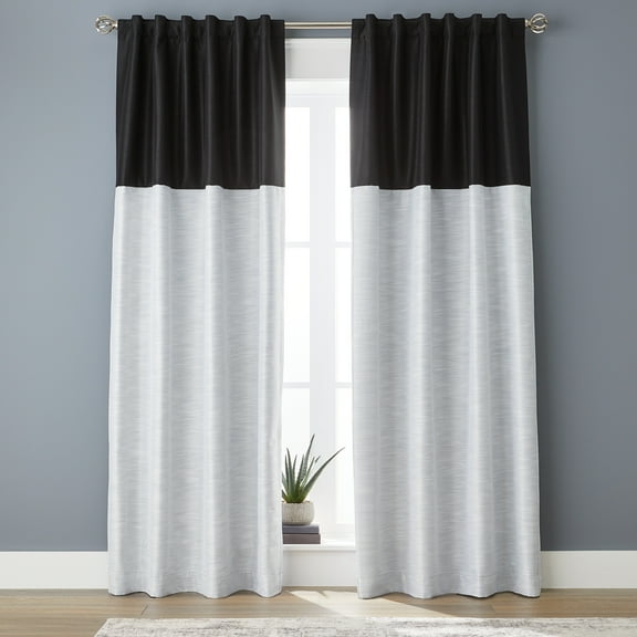 Better Homes & Gardens Colorblock Rod Pocket and Back Tab Blackout Curtain Panel, 1-Piece, Black, 50" W x 84" L