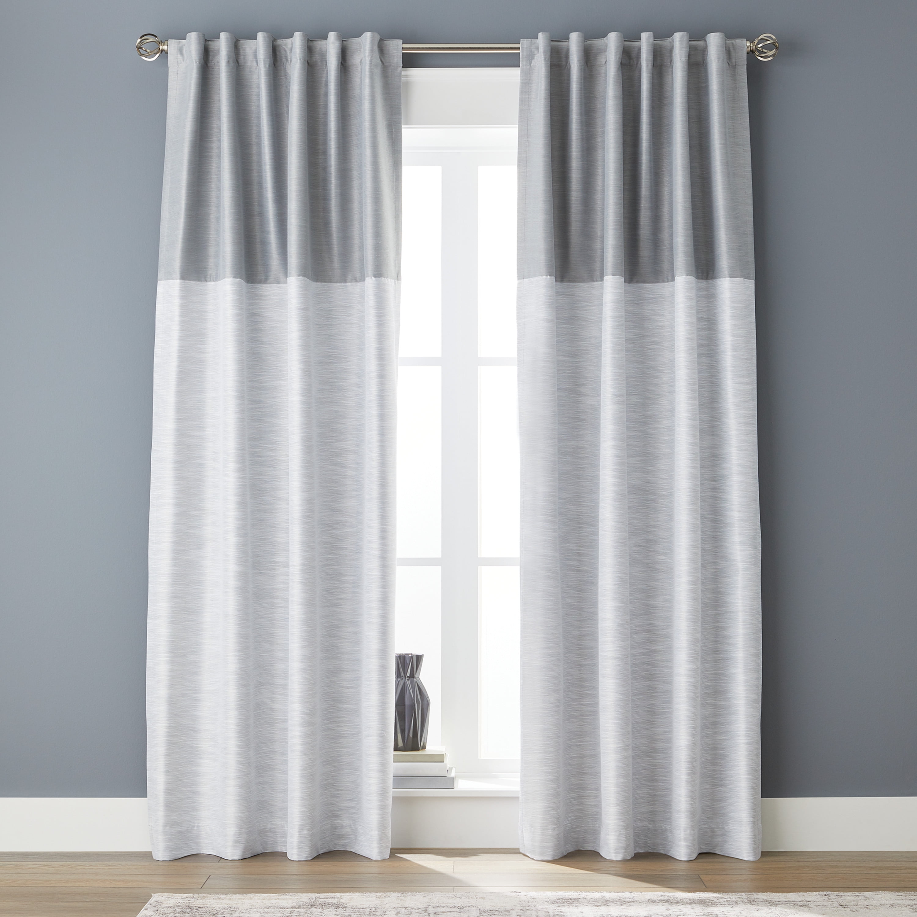 Better Homes & Gardens Colorblock Rod Pocket and Back Tab Blackout Curtain Panel, 1-Piece, Silver, 50" W x 108" L