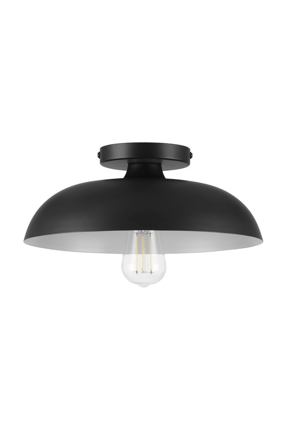 Contemporary Matte Black 1-Light Indoor Flush Mount, White Inner Shade