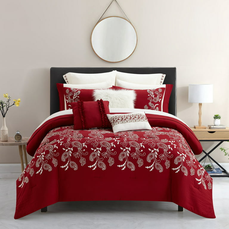 Better Homes & Gardens Conventry Red 12-Piece Bed in a Bag Comforter Set  with Sheets, Queen, Floral, Polyester 