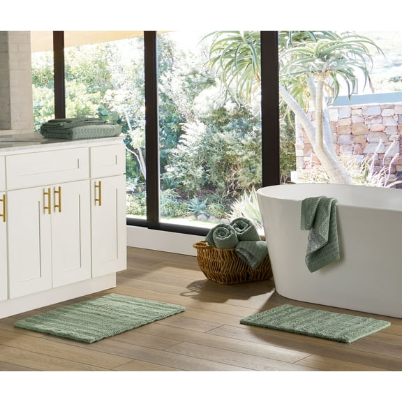 Better Homes & Gardens 17" x 24" & 20" x 30" Green Cotton Cut & Loop Reversible 2 Piece Bath Rug Set