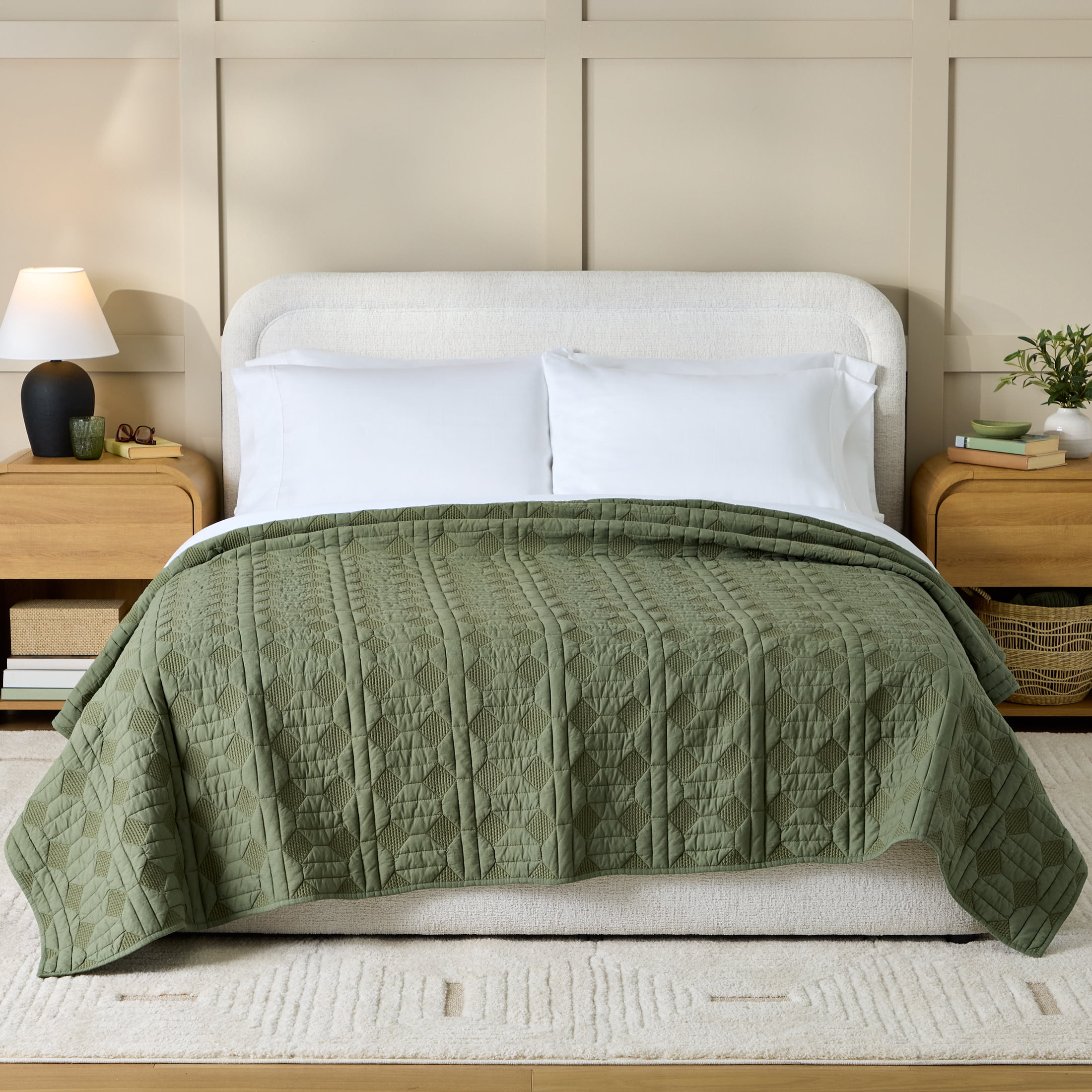 Better Homes & Gardens Crafted Geo Cotton Quilt, Dark Green, King Bedding