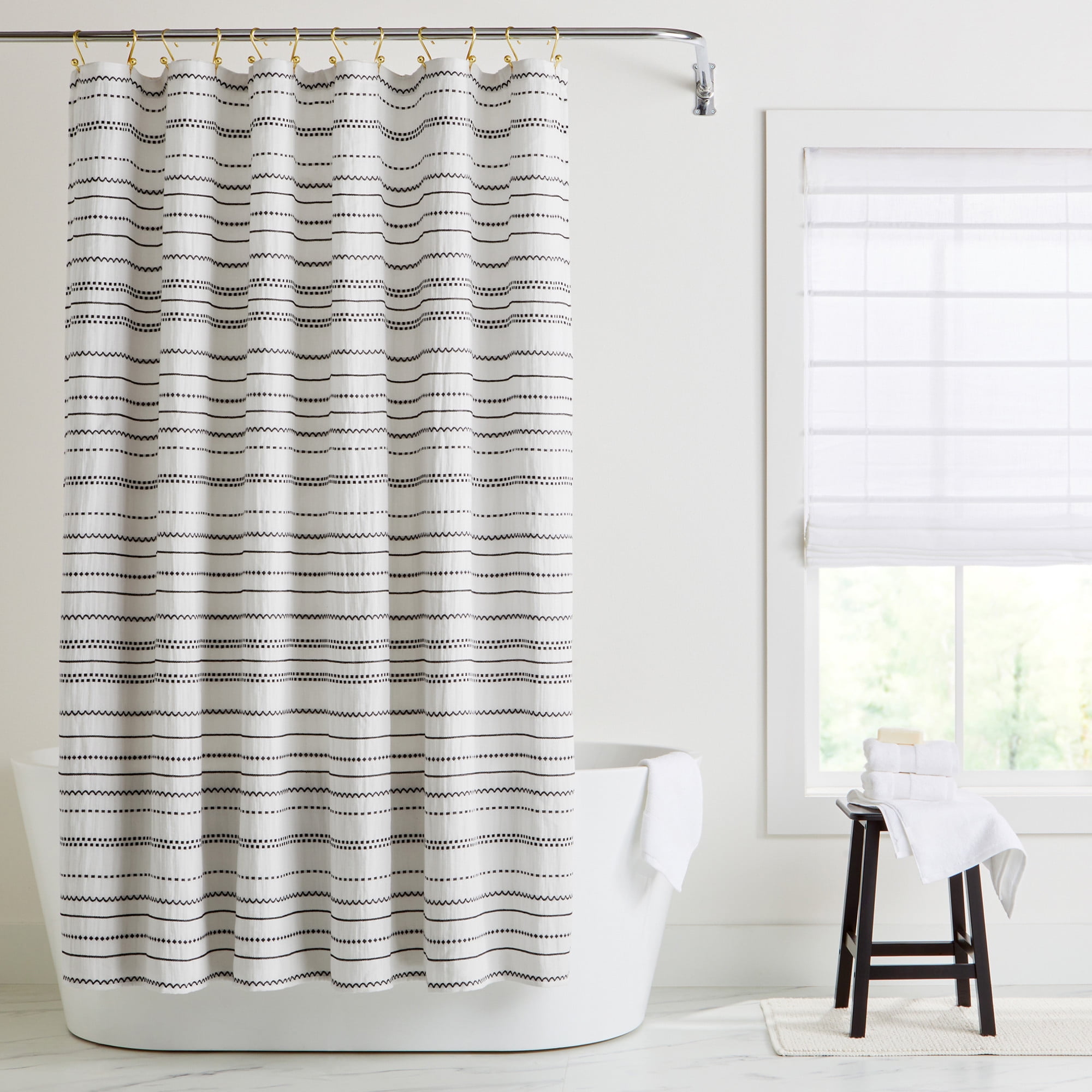 Better Homes & Gardens Crafted Woven Shower Curtain, Vanilla Dream/ Rich Black, 72 W x 72 L, 1 Piece, Recycled Polyester, BCI Cotton