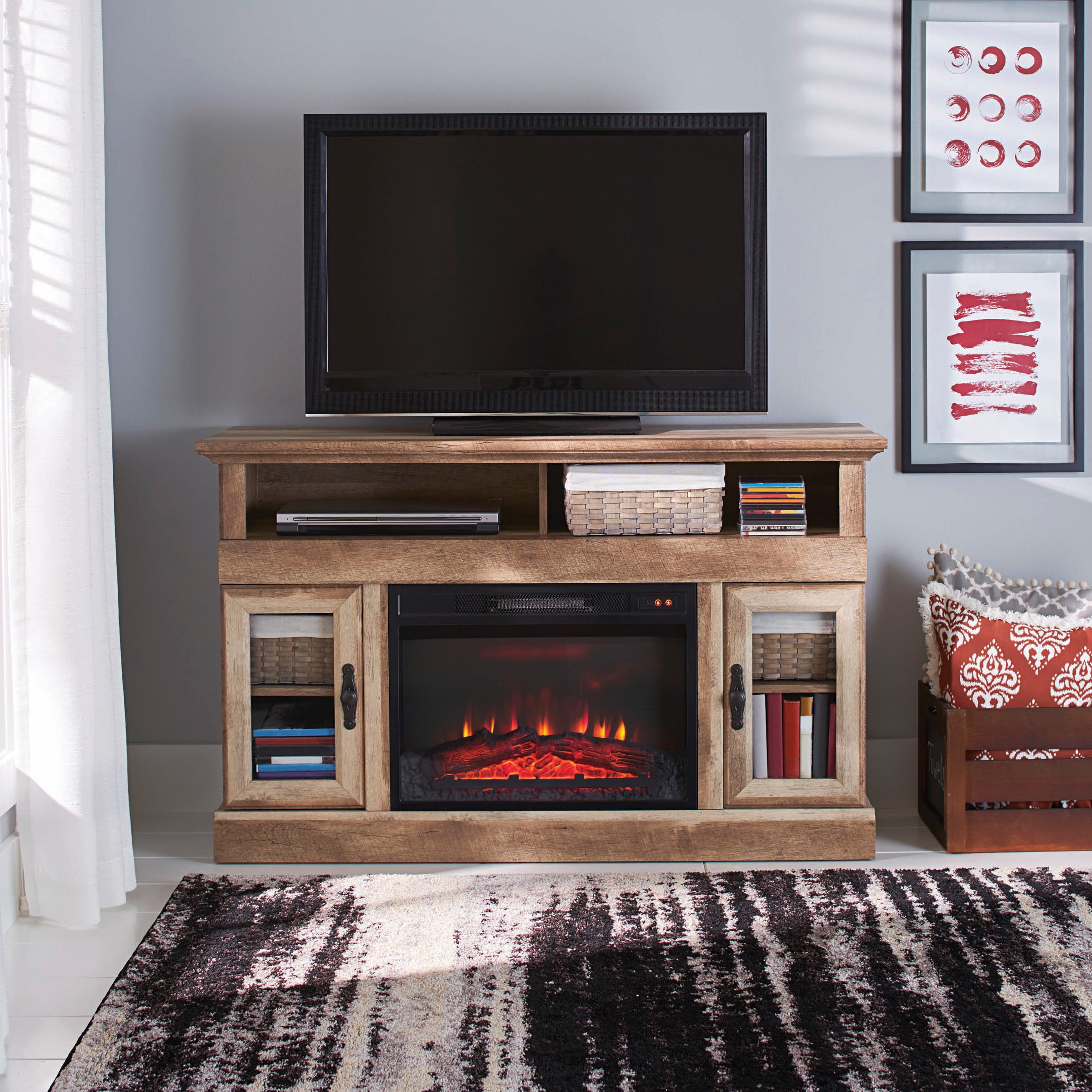 Better Homes & Gardens Crossmill Fireplace Media Console, for TVs up to 60", Weathered Pine Finish - image 1 of 8