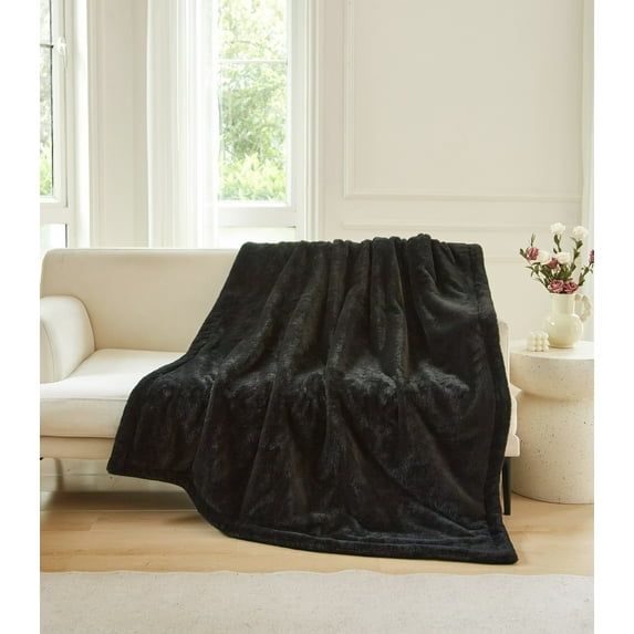 Better Homes & Gardens Cuddle Faux Fur Throw Blanket, Black, Oversized, All Ages