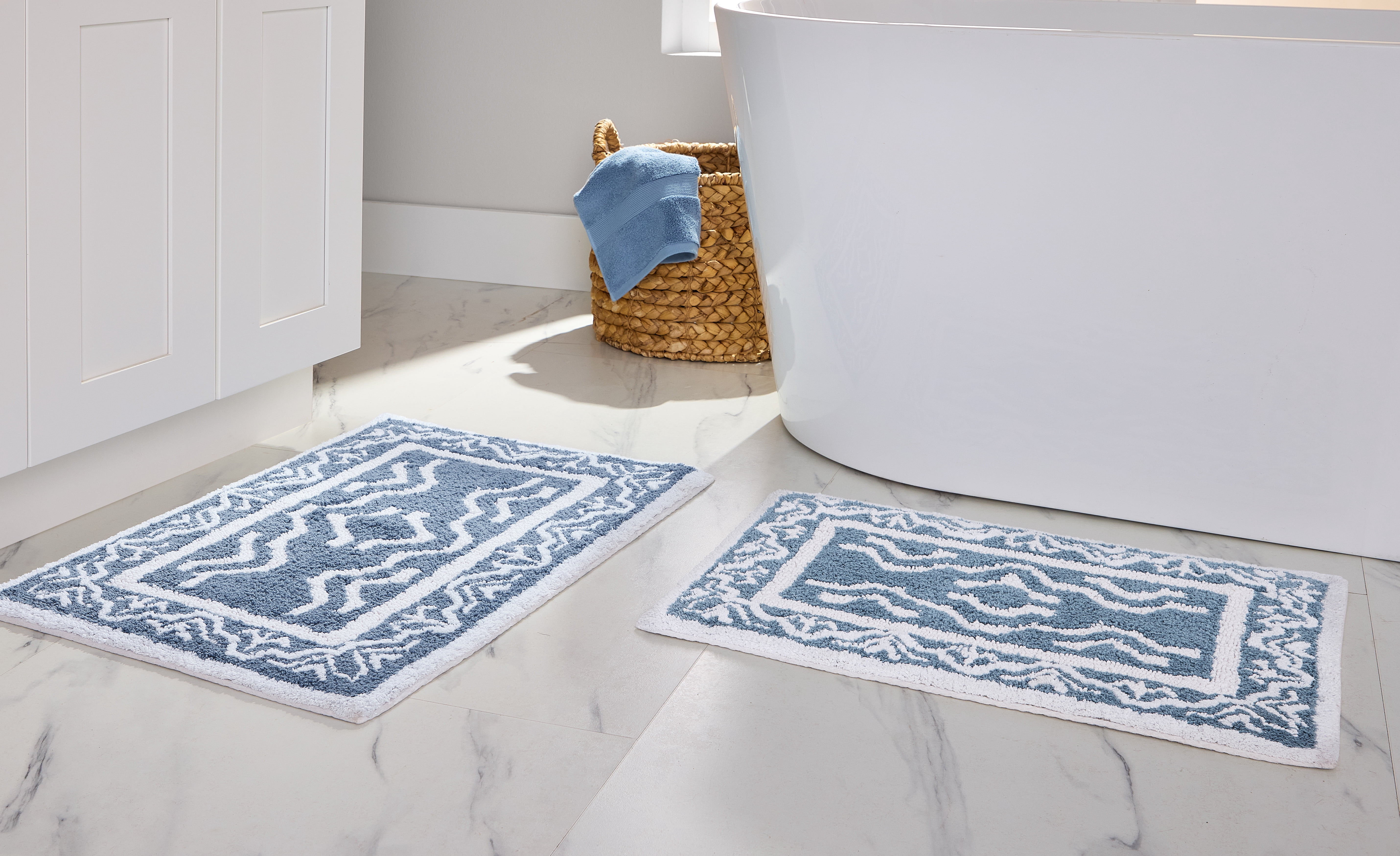 Better Homes & Gardens Dagali Oushak Bath 2 Piece Bath Rug Set, Blue Silver & Arctic White, 17" x 24" & 20" x 30"