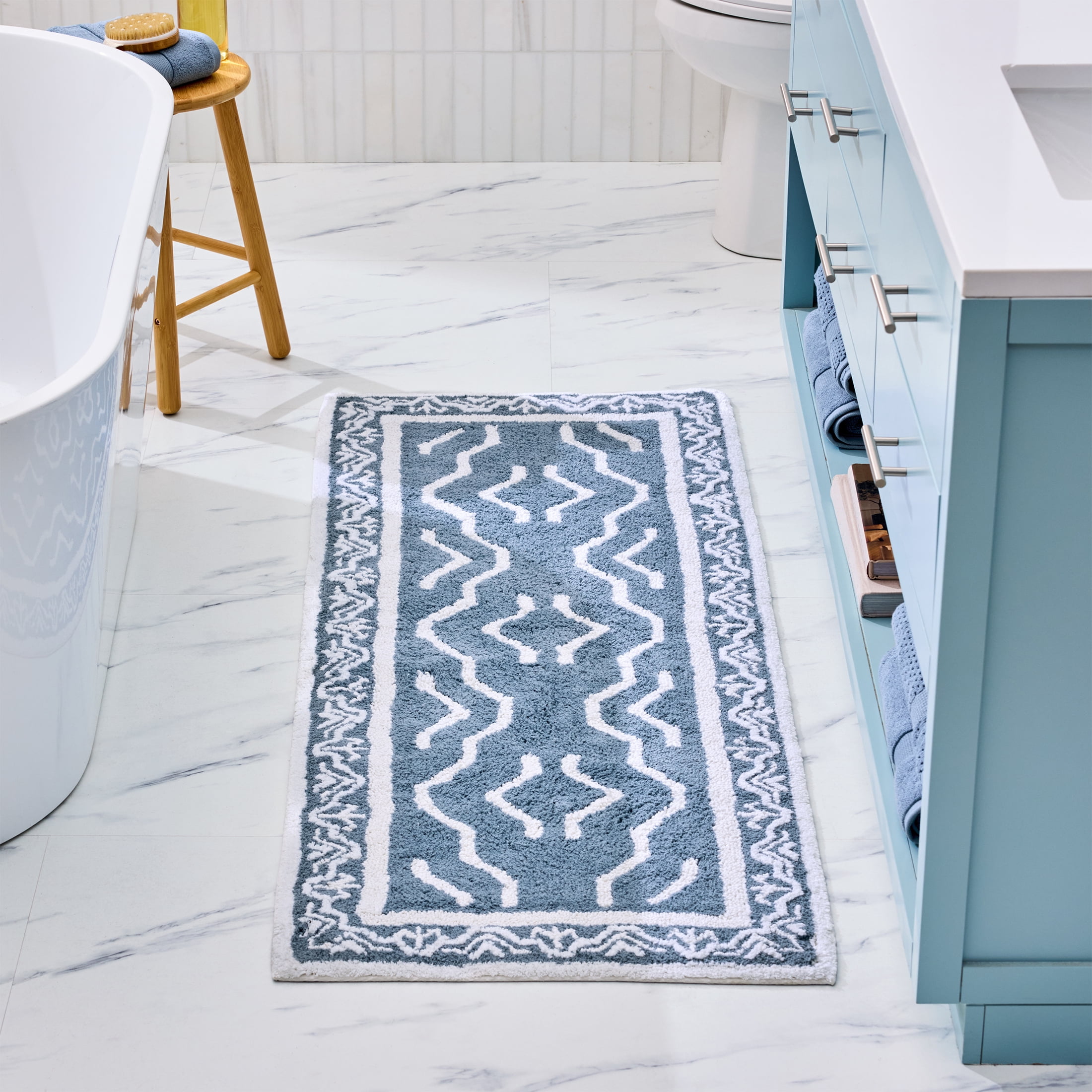 Better Homes & Gardens Dagali Oushak Bath Runner Rug, Blue Silver & White, 24" x 60"