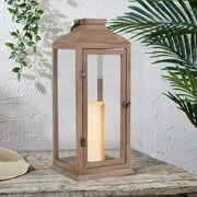 Better Homes & Gardens Decorative Natural Wood and Glass Battery Operated Outdoor Lantern with Removable LED Candle 18inH