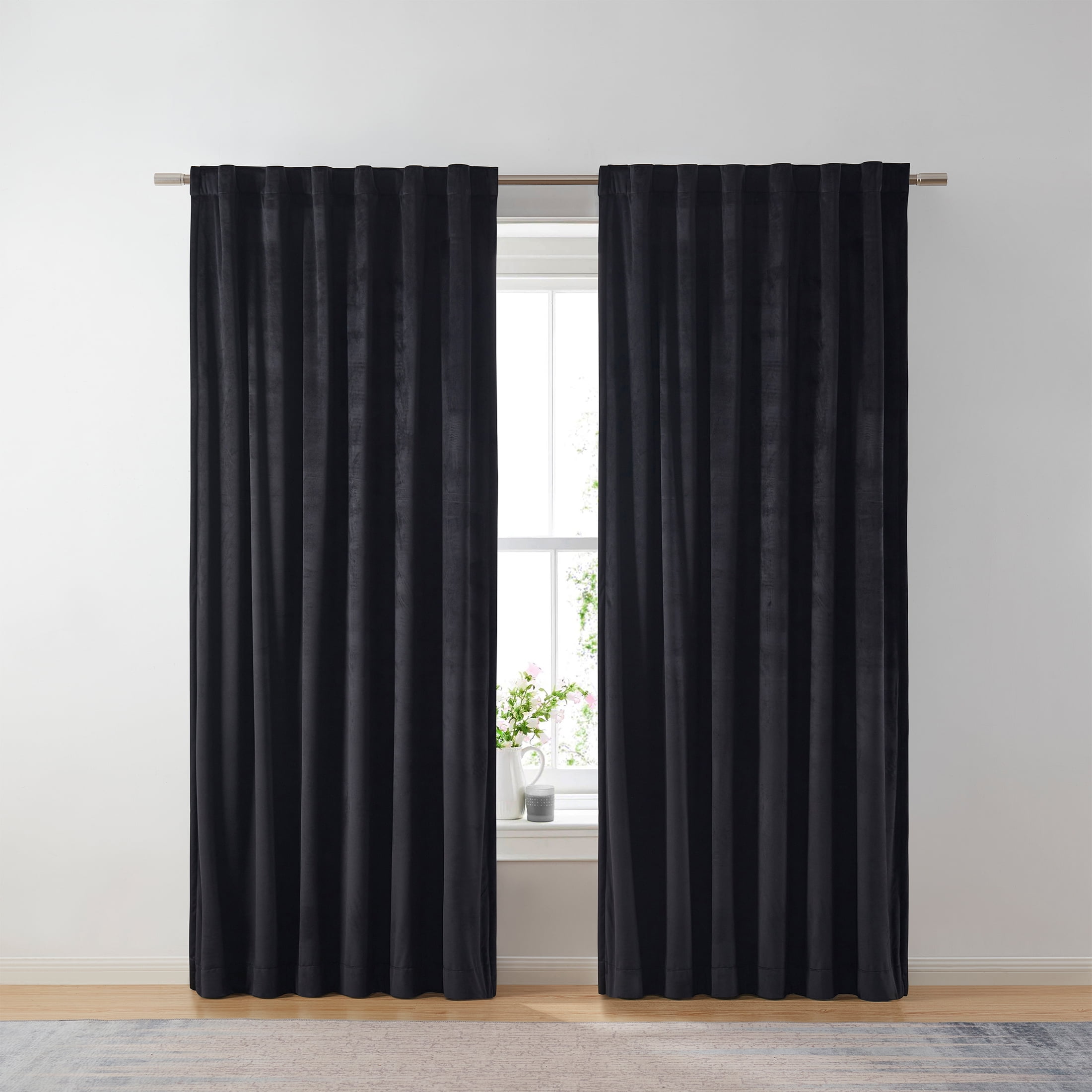 Better Homes & Gardens Dutch Velvet Solid 100% Blackout Single Curtain Panel, Black, 52" W x 84" L