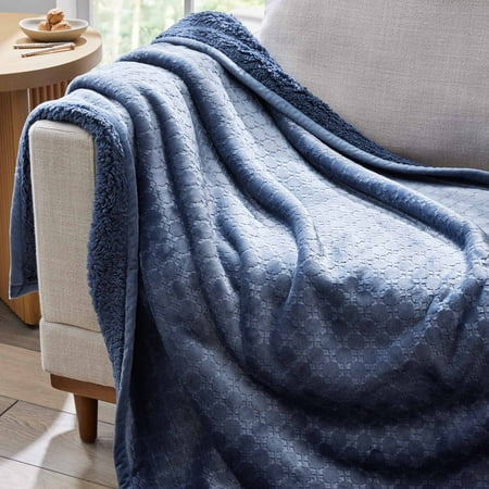 Better Homes & Gardens Embossed VelvetLoftTM Reverse Faux Shearling Adult Throw, 50” x 60”, Washed Indigo