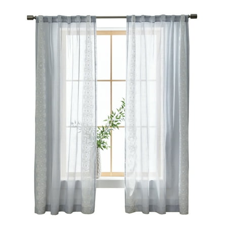 Better Homes & Gardens Embroidered Border Rod Pocket/Back Tab Single Curtain Panel, 1-Piece, Soft Silver, 50" W x 84" L
