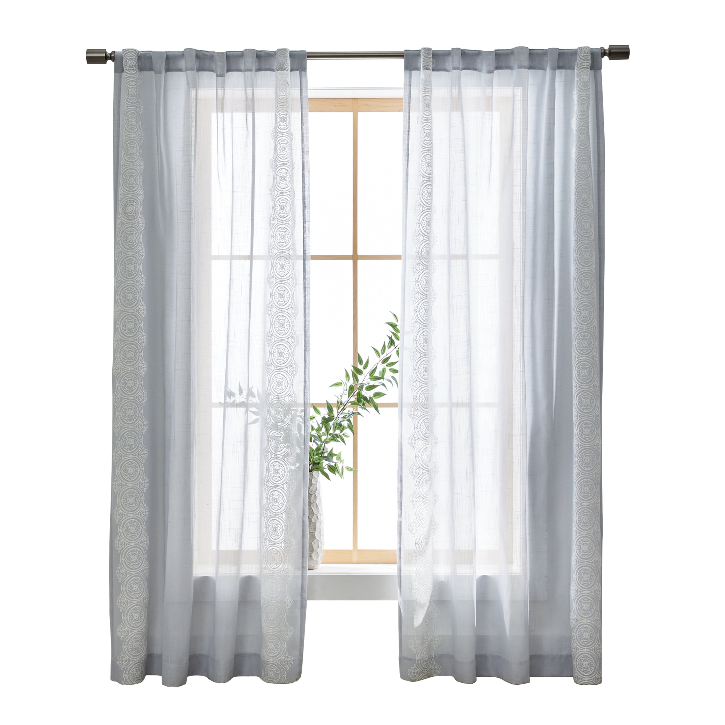 Better Homes & Gardens Embroidered Border Single Curtain Panel, Rod Pocket/Back Tab, Soft Silver, 50 in x 95 in